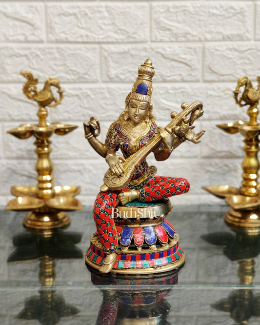 Saraswati Brass Statue 12 inch - Budhshiv.com
