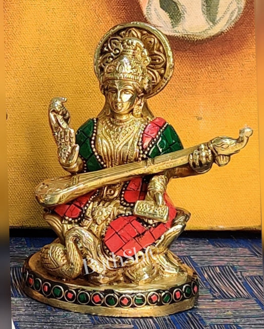 Saraswati enchanting brass idol with stonework | suitable for office desk/study table/ temple - Budhshiv.com
