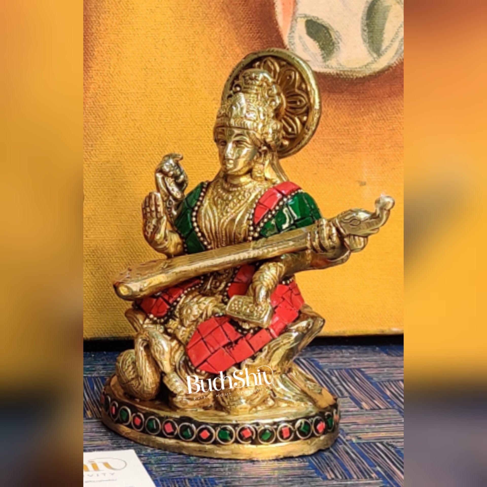 Saraswati enchanting brass idol with stonework | suitable for office desk/study table/ temple - Budhshiv.com