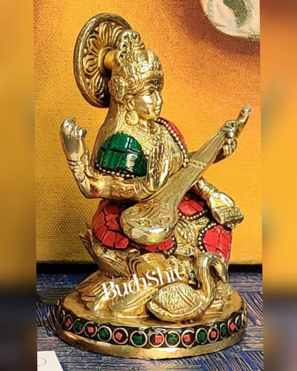 Saraswati enchanting brass idol with stonework | suitable for office desk/study table/ temple - Budhshiv.com