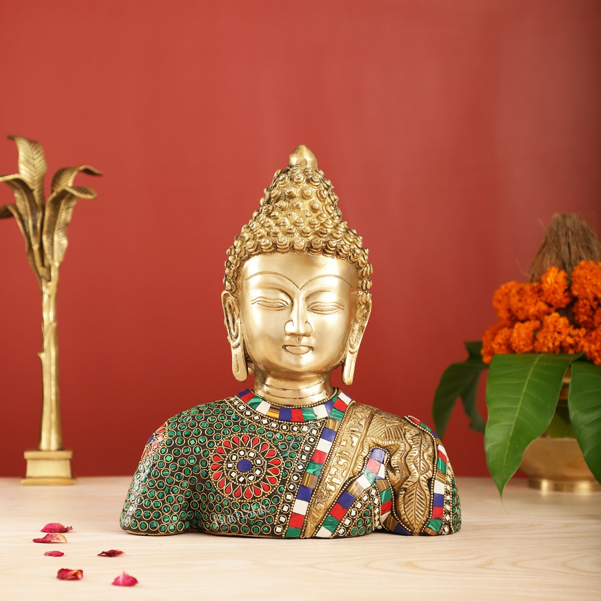 Serene Brass Buddha Bust Statue | Intricate Detailing | 11" - Budhshiv.com