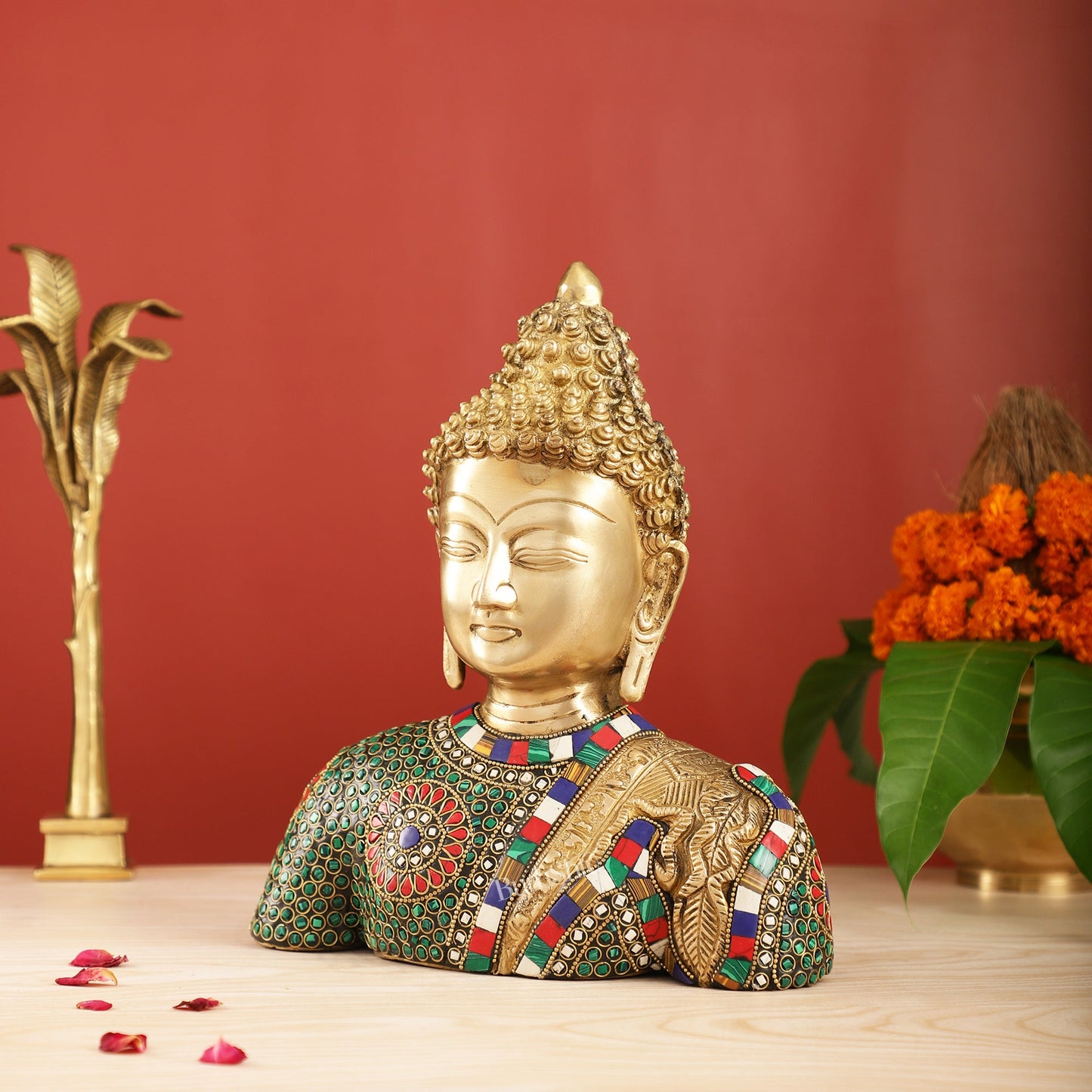 Serene Brass Buddha Bust Statue | Intricate Detailing | 11" - Budhshiv.com