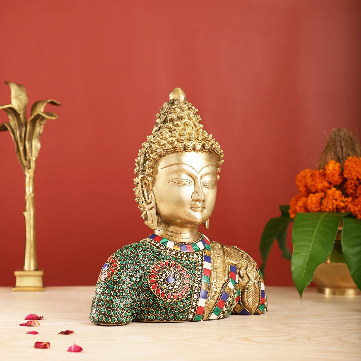 Serene Brass Buddha Bust Statue | Intricate Detailing | 11" - Budhshiv.com