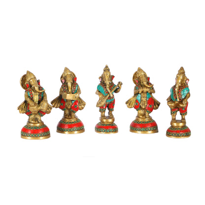 Set of 5 Musical Ganesha Idols - Playing Different Instruments 6" - Budhshiv.com