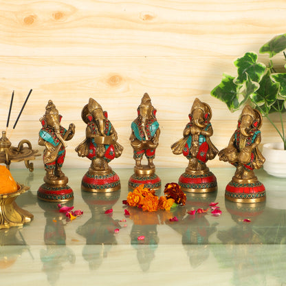 Set of 5 Musical Ganesha Idols - Playing Different Instruments 6" - Budhshiv.com