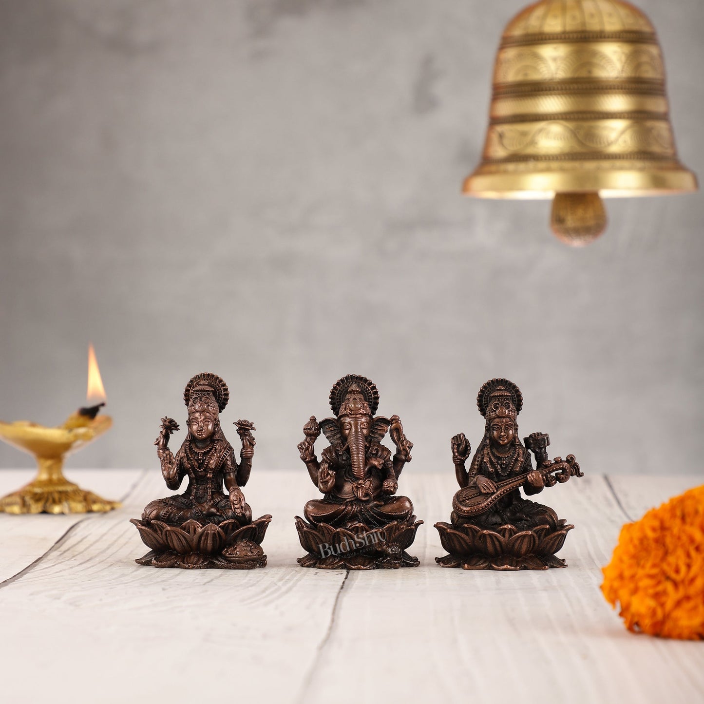 Set of Three Pure Copper Ganesha, Lakshmi, and Saraswati Idols - 2.5 Inch - Budhshiv.com