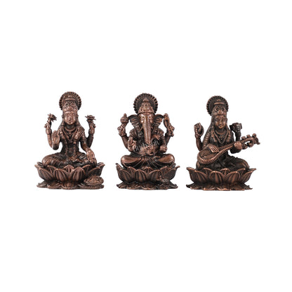 Set of Three Pure Copper Ganesha, Lakshmi, and Saraswati Idols - 2.5 Inch - Budhshiv.com