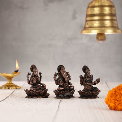 Set of Three Pure Copper Ganesha, Lakshmi, and Saraswati Idols - 2.5 Inch - Budhshiv.com