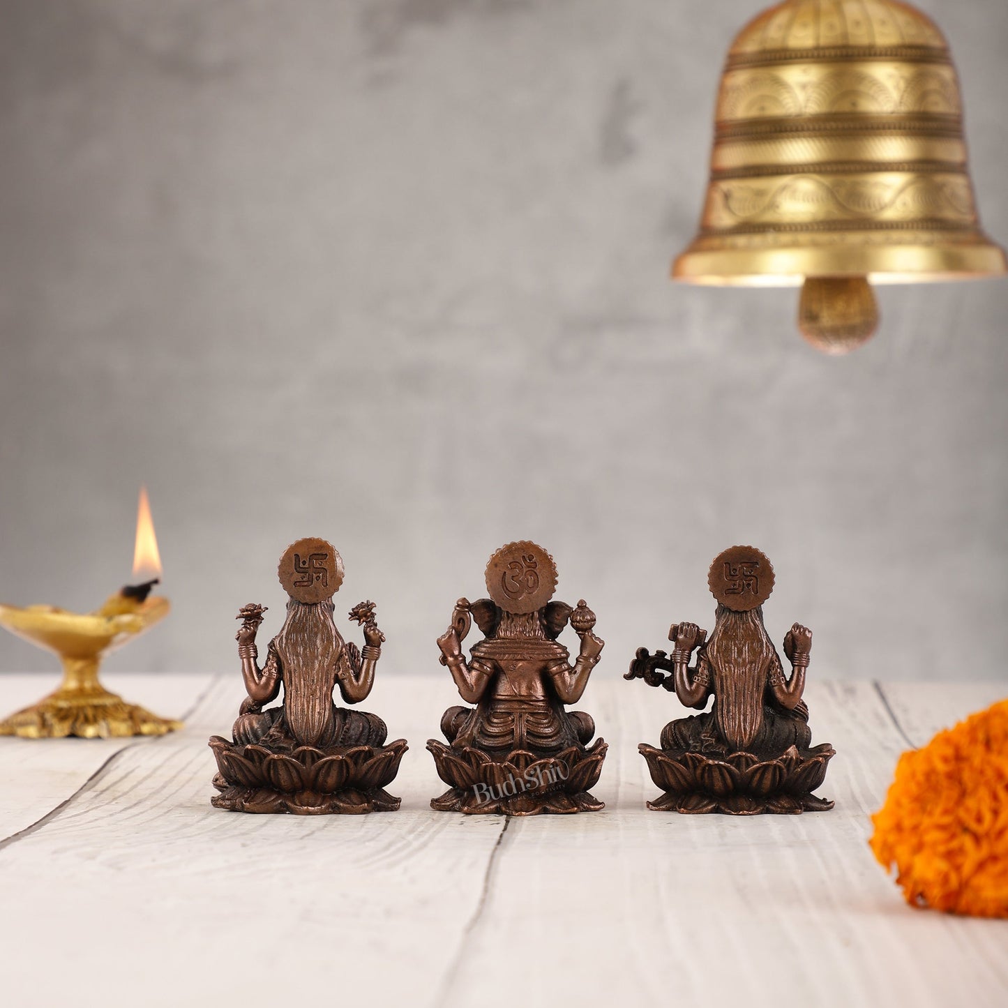 Set of Three Pure Copper Ganesha, Lakshmi, and Saraswati Idols - 2.5 Inch - Budhshiv.com