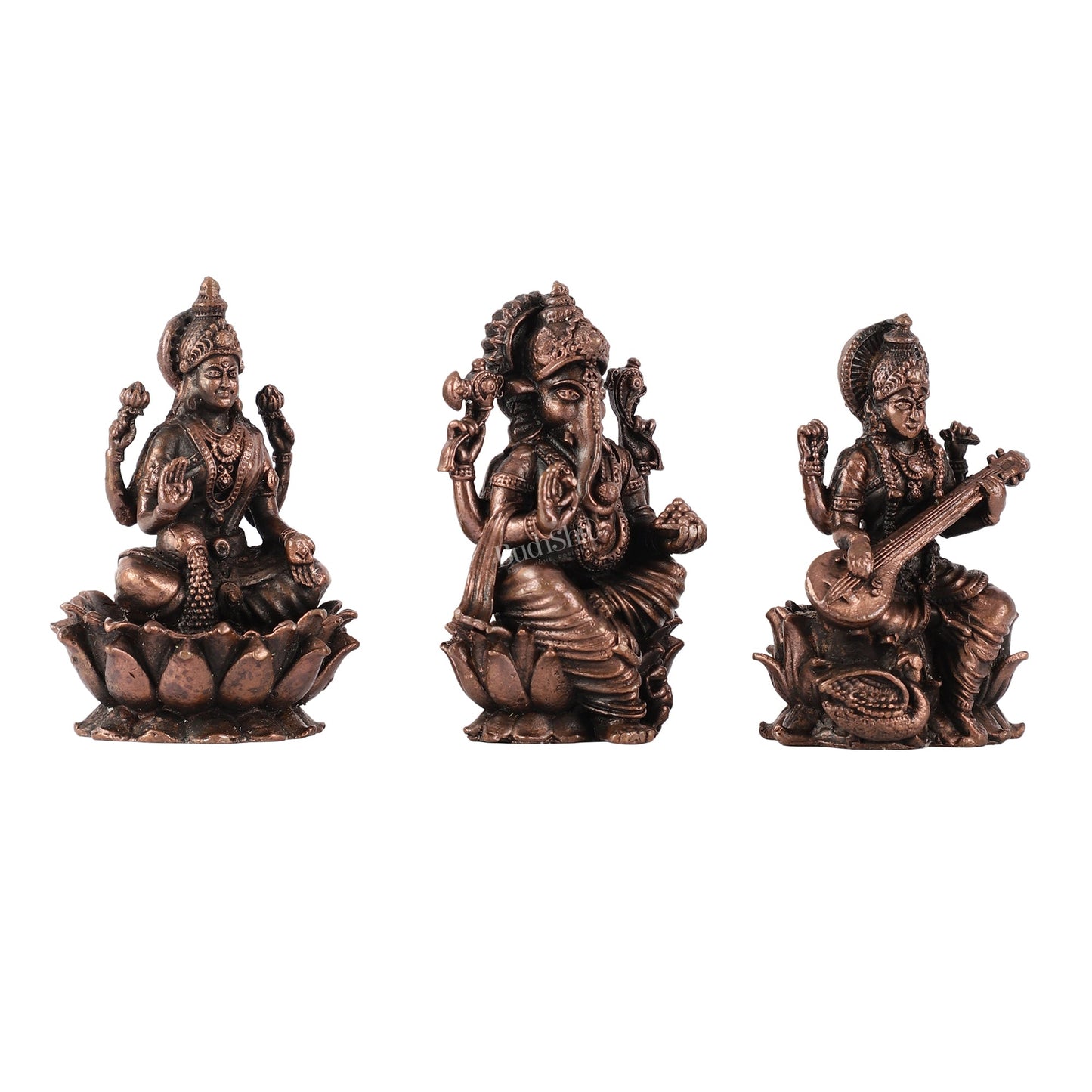 Set of Three Pure Copper Idols - Ganesha, Lakshmi, Saraswati | 3 Inch - Budhshiv.com