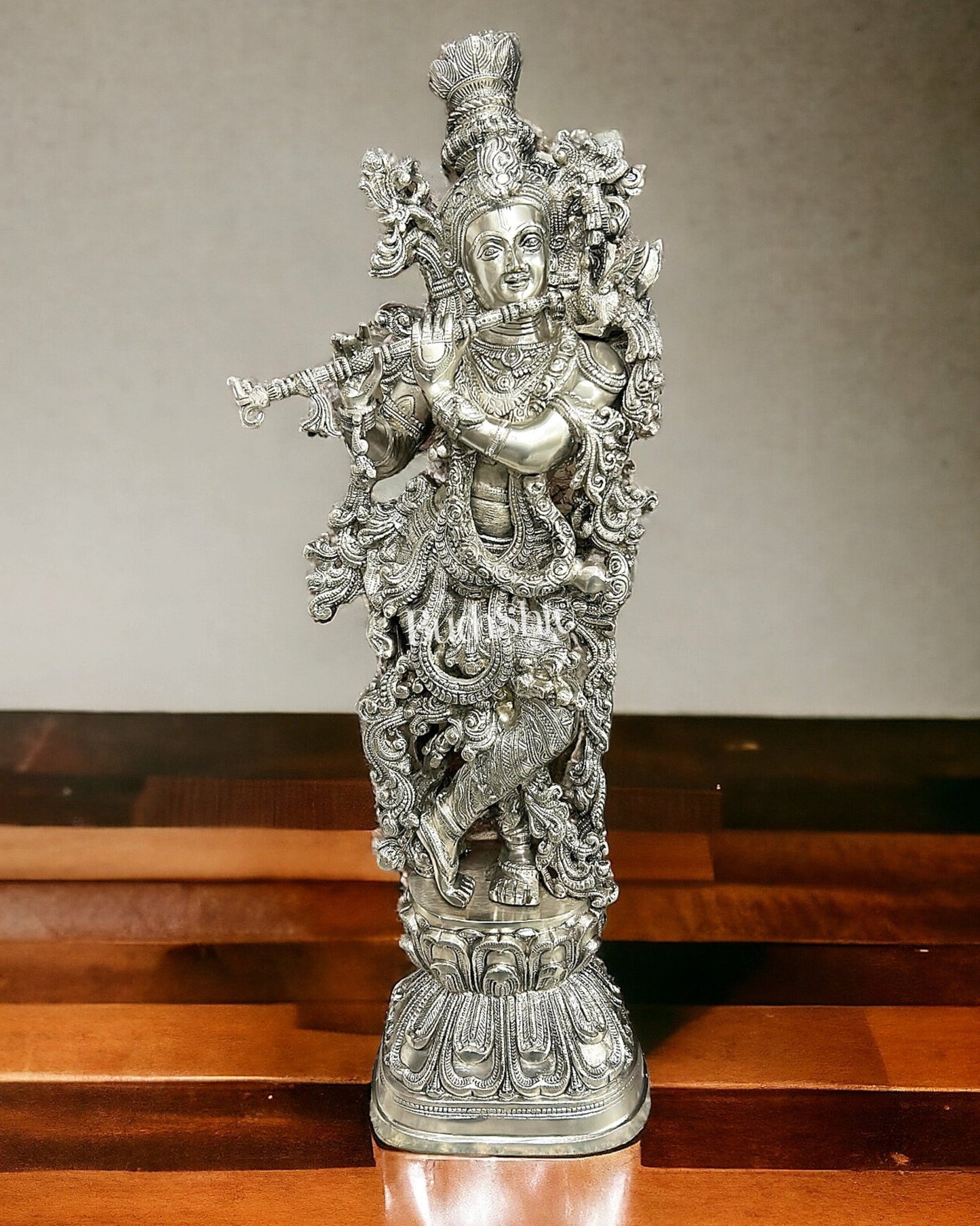 Silver Plated Krishna Statue - Superfine Brass - Handcrafted 29 inch - Budhshiv.com