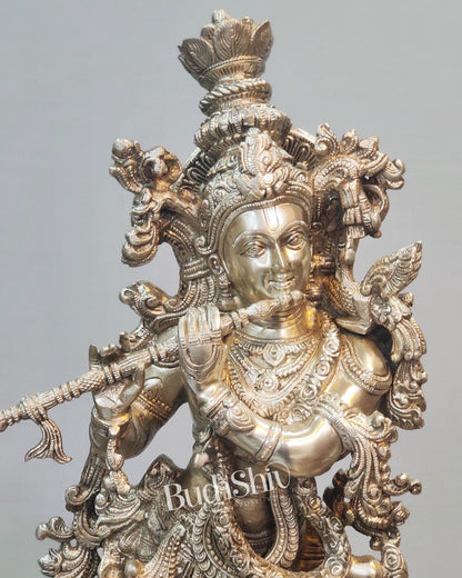 Silver Plated Krishna Statue - Superfine Brass - Handcrafted 29 inch - Budhshiv.com