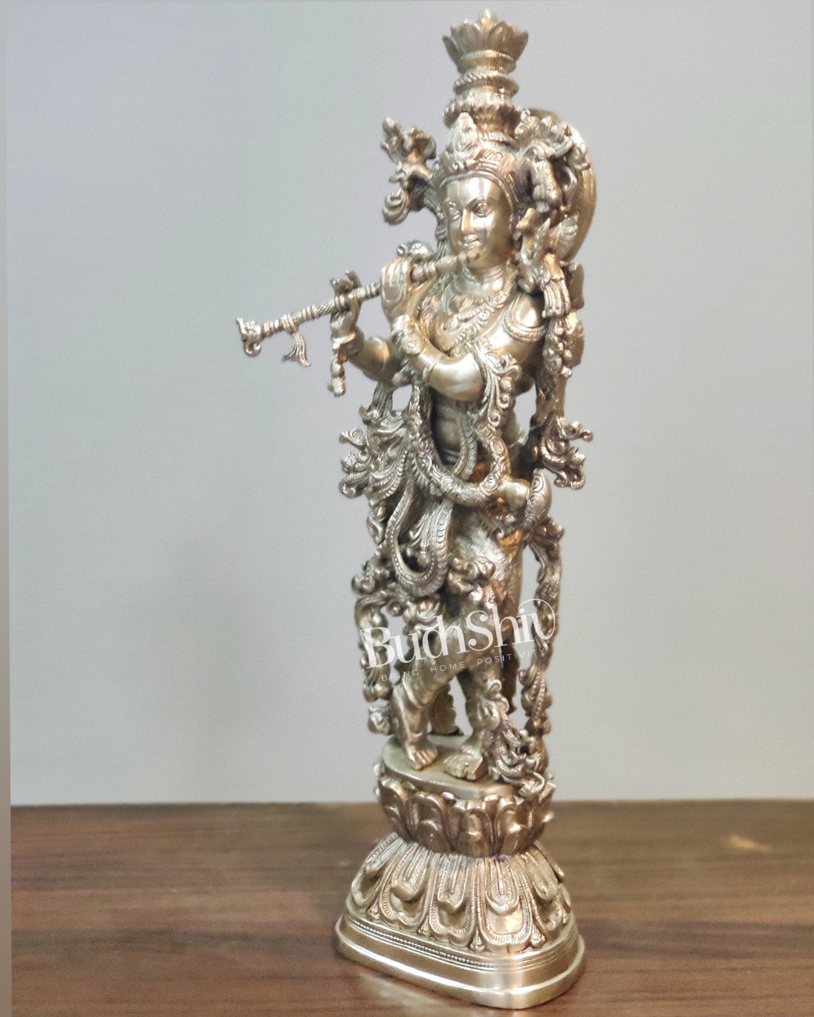 Silver Plated Krishna Statue - Superfine Brass - Handcrafted 29 inch - Budhshiv.com