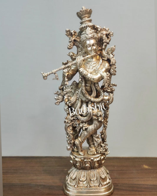 Silver Plated Krishna Statue - Superfine Brass - Handcrafted 29 inch - Budhshiv.com