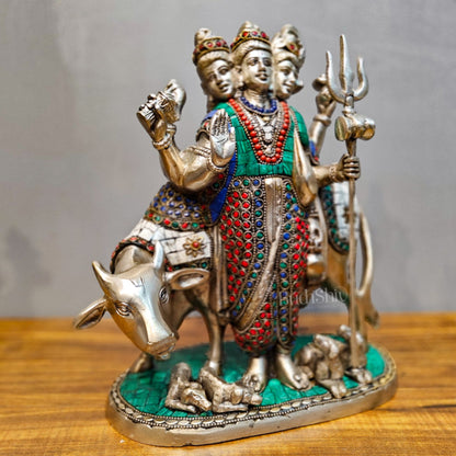 Silver plated Three faced Dattatreya guru with a cow and four dogs large sized 11 inches - Budhshiv.com
