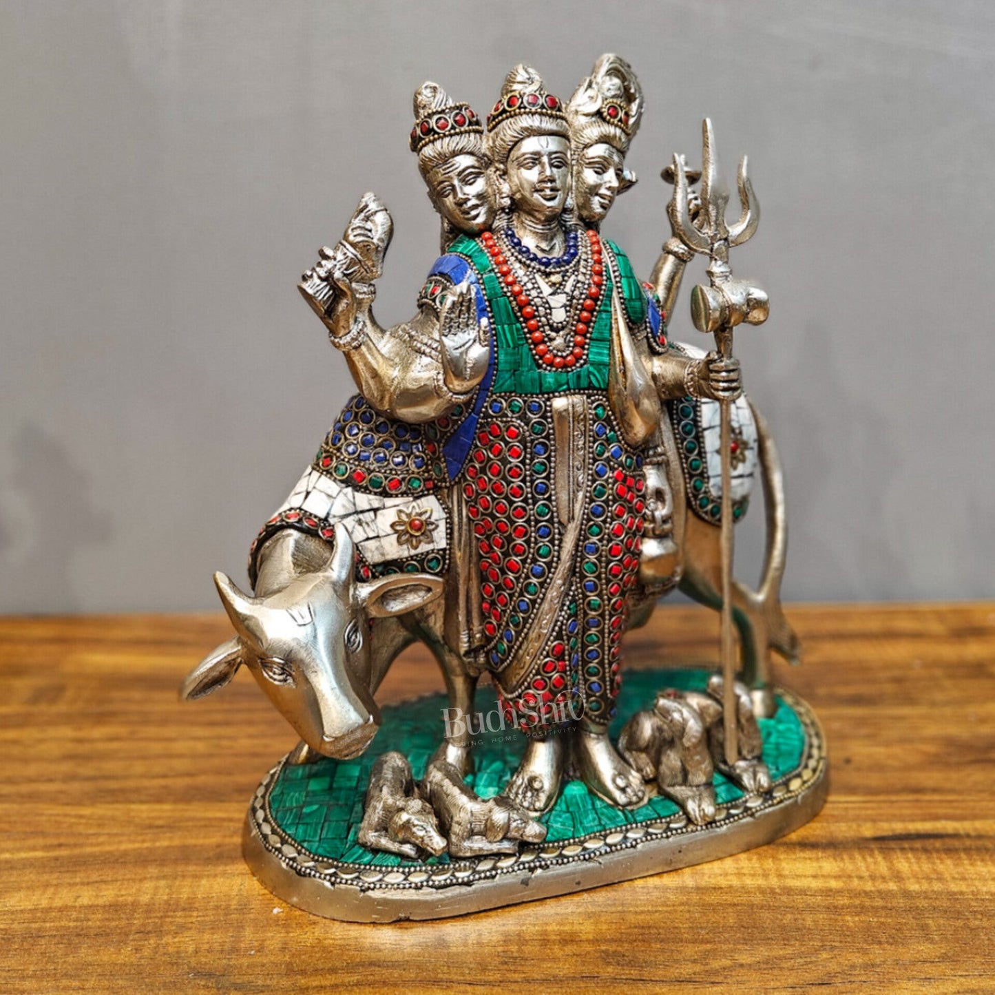 Silver plated Three faced Dattatreya guru with a cow and four dogs large sized 11 inches - Budhshiv.com