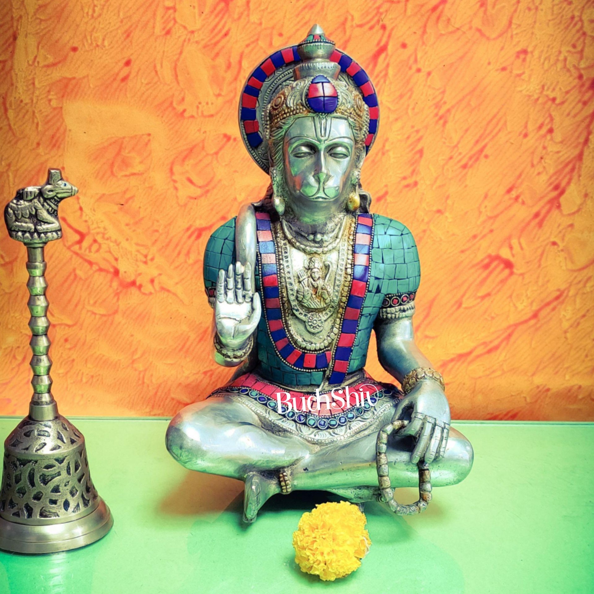 Silver Tone Hanuman Idol with Exquisite Stonework | Divine Presence | 11" Height - Budhshiv.com