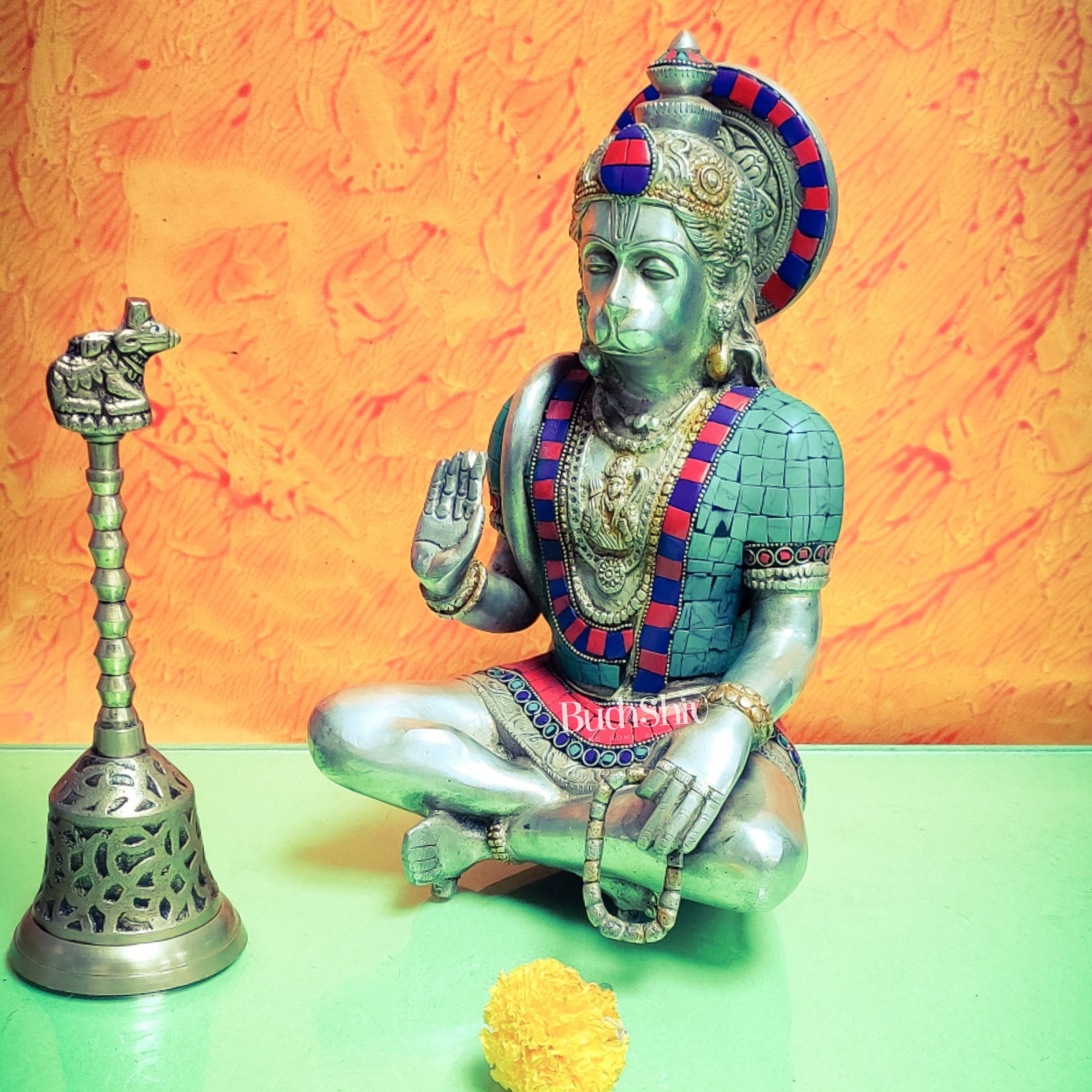 Silver Tone Hanuman Idol with Exquisite Stonework | Divine Presence | 11" Height - Budhshiv.com
