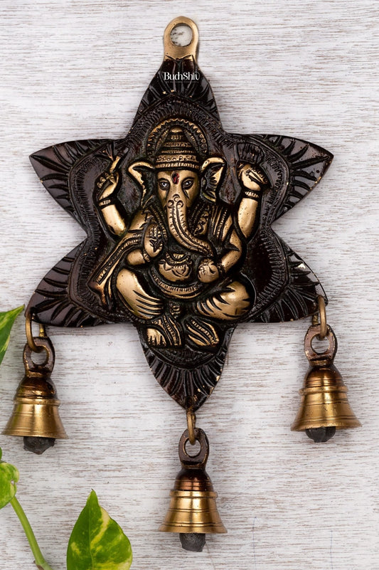Sitting Ganesh Brass Wall Hanging Decor Easy to Hang Handmade with Bells Showpiece (Antique rustic gold) - Budhshiv.com