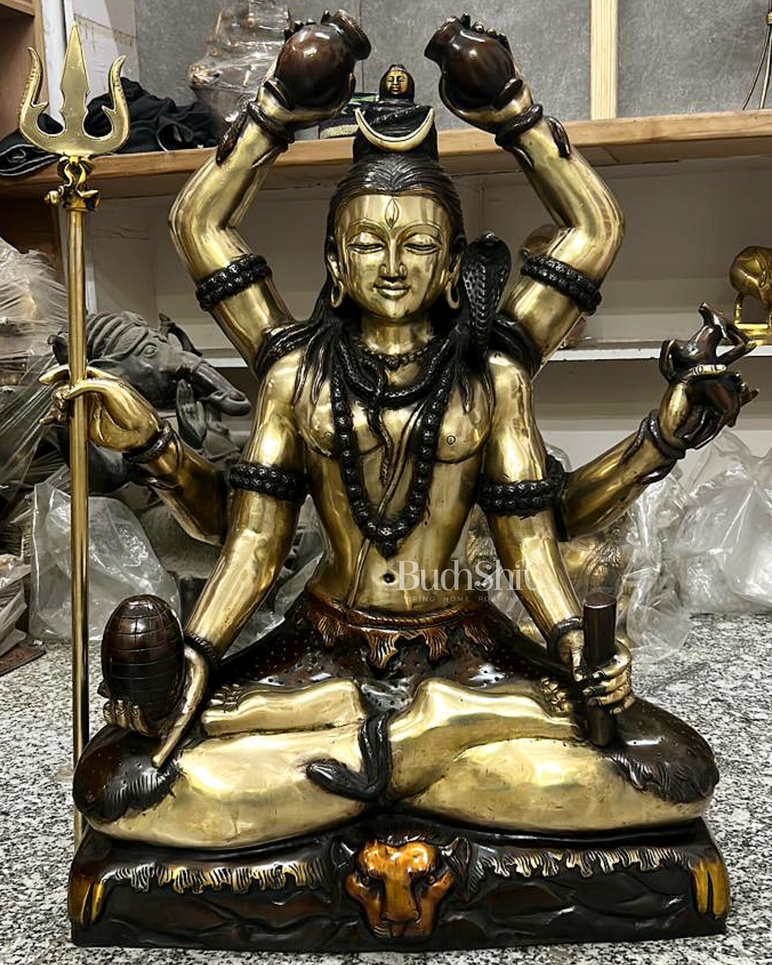 Six-Armed Brass Shiva Statue | 30 inch - Budhshiv.com
