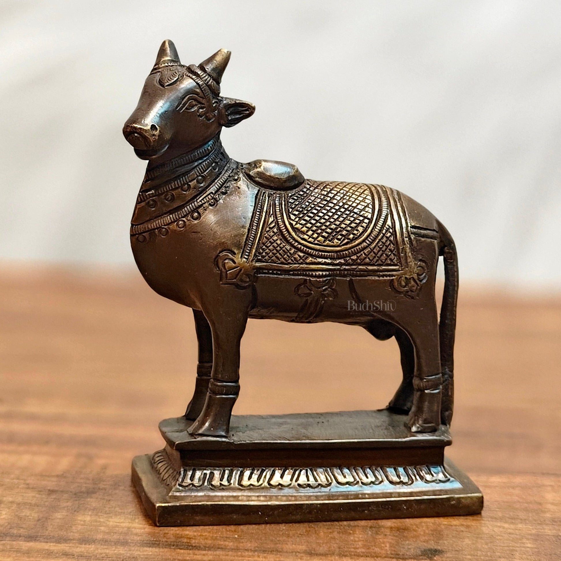 Small Antique Brass Standing Nandi Idol - 4.5 inch - Budhshiv.com