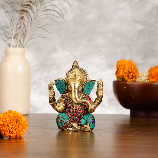 Small Pure Brass Lord Ganesha Idol with Stonework - 5 Inch - Budhshiv.com