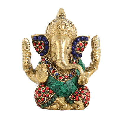 Small Pure Brass Lord Ganesha Idol with Stonework - 5 Inch - Budhshiv.com