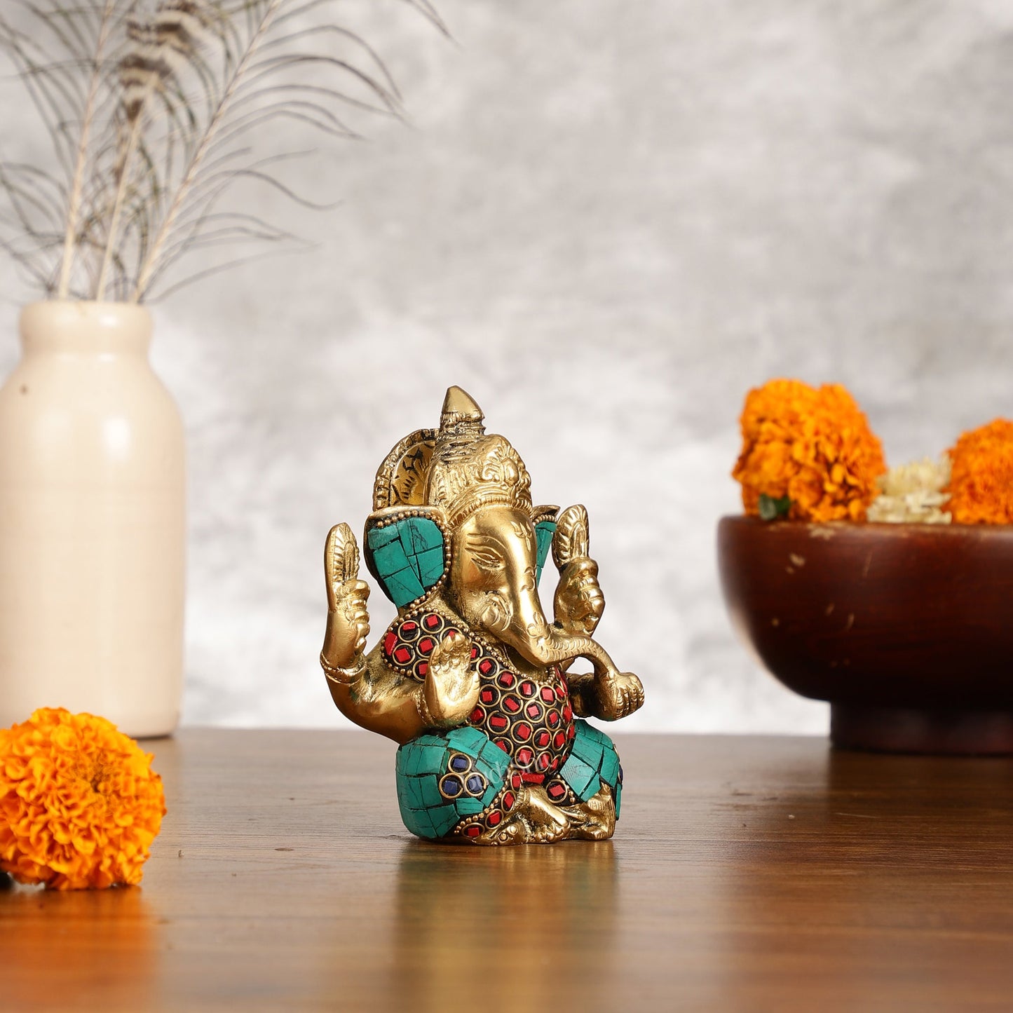 Small Pure Brass Lord Ganesha Idol with Stonework - 5 Inch - Budhshiv.com