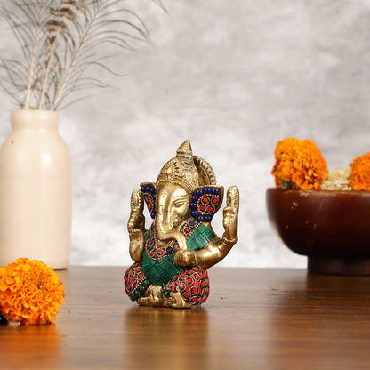 Small Pure Brass Lord Ganesha Idol with Stonework - 5 Inch - Budhshiv.com