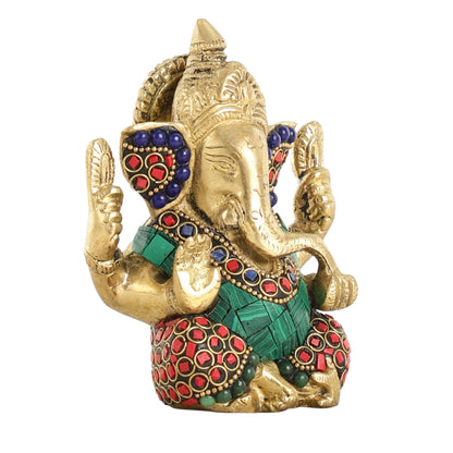 Small Pure Brass Lord Ganesha Idol with Stonework - 5 Inch - Budhshiv.com