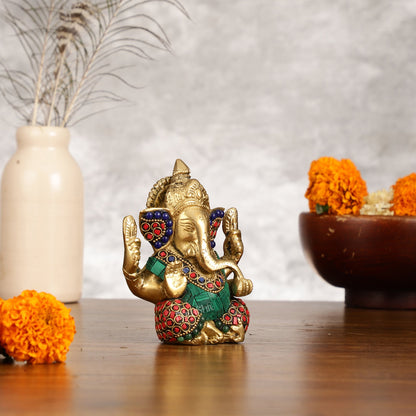 Small Pure Brass Lord Ganesha Idol with Stonework - 5 Inch - Budhshiv.com