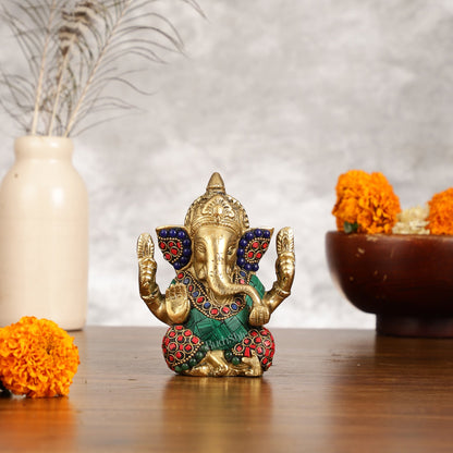 Small Pure Brass Lord Ganesha Idol with Stonework - 5 Inch - Budhshiv.com