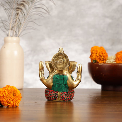 Small Pure Brass Lord Ganesha Idol with Stonework - 5 Inch - Budhshiv.com