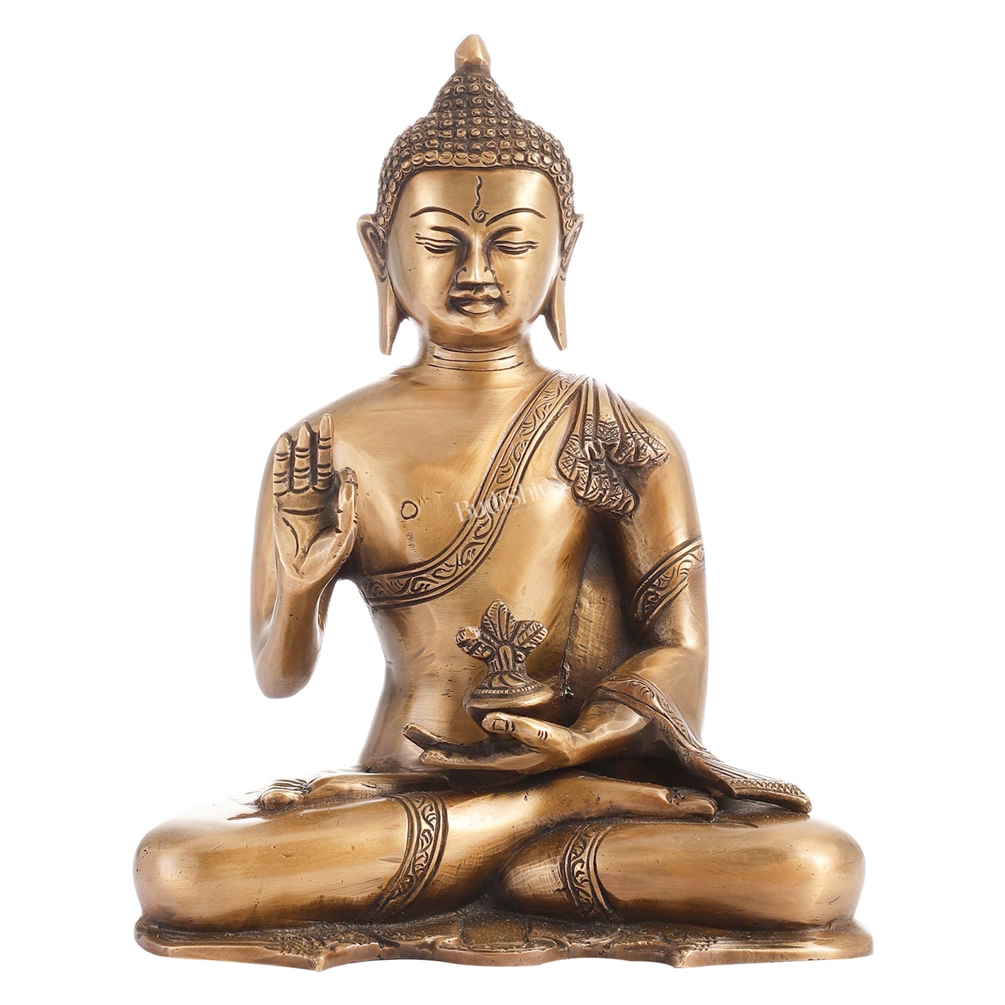 Smooth Matte Gold Brass Buddha Statue in Abhaya Mudra | 10.5-inch - Budhshiv.com