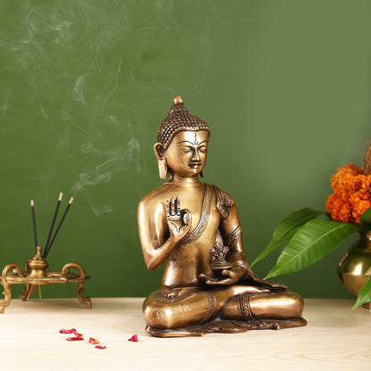 Smooth Matte Gold Brass Buddha Statue in Abhaya Mudra | 10.5-inch - Budhshiv.com