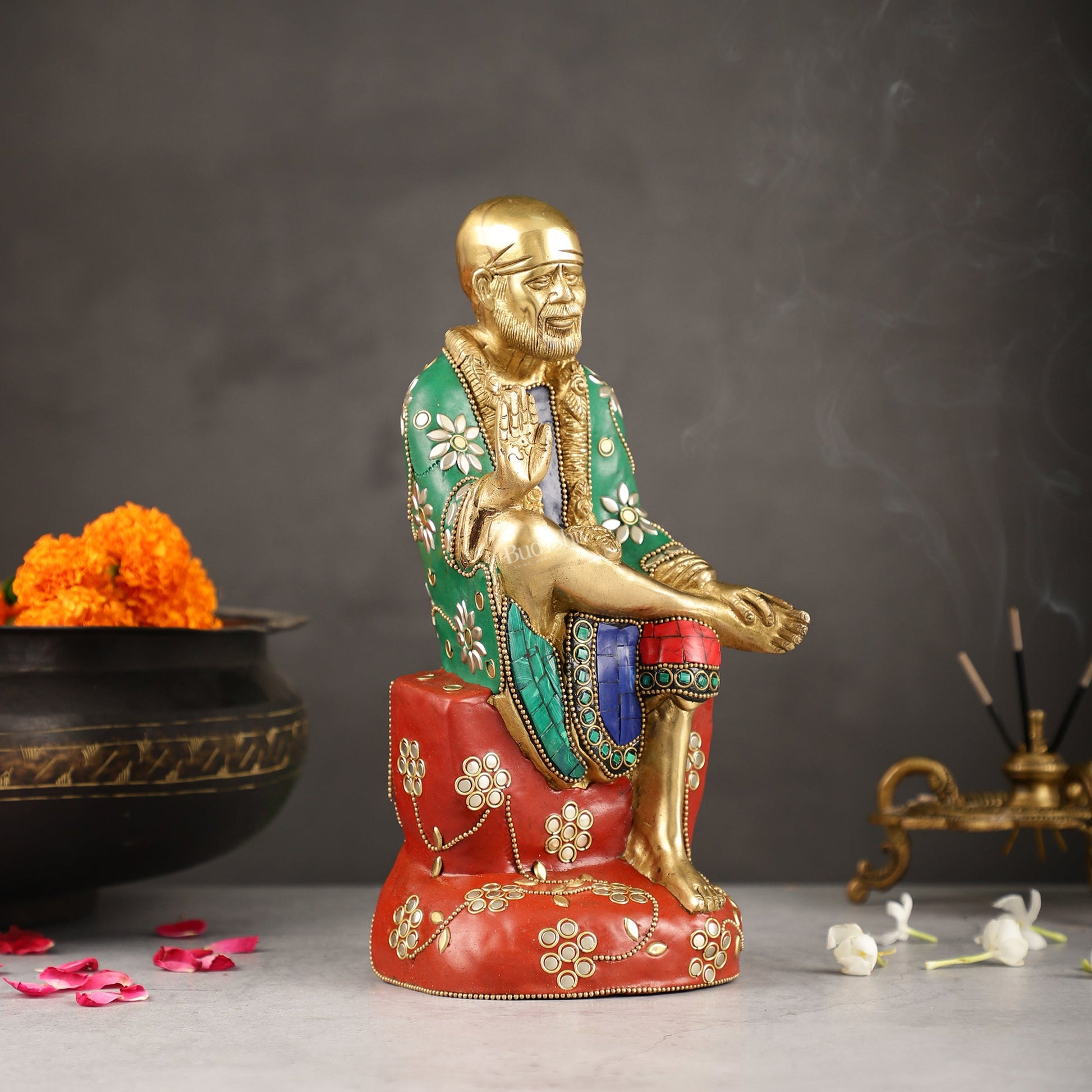 Superfine 10.5-Inch Brass Shirdi Sai Baba Idol with Stonework - Budhshiv.com