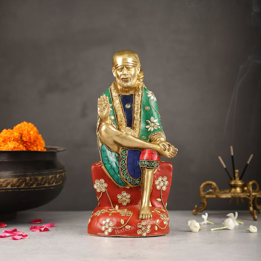 Superfine 10.5-Inch Brass Shirdi Sai Baba Idol with Stonework - Budhshiv.com