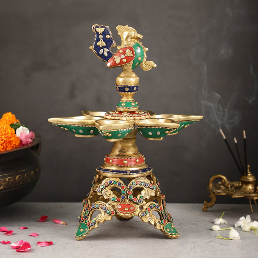 Superfine 12.5-Inch Brass Peacock Lamps with Stonework - Budhshiv.com