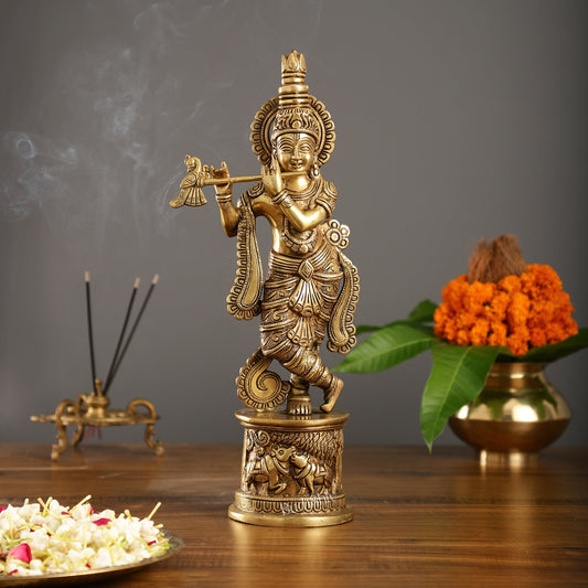 Superfine 15.5-inch Brass Lord Krishna Statue with Engraved Cow Design Base - Budhshiv.com