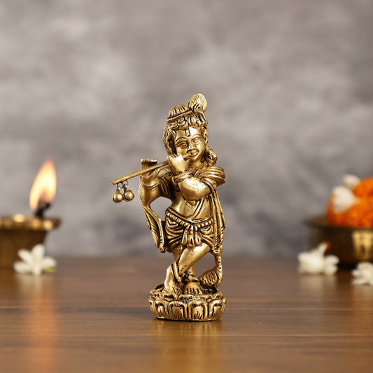 Superfine Brass Baby Krishna Playing the Flute Idol 5.5 inch - Budhshiv.com