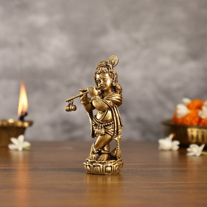 Superfine Brass Baby Krishna Playing the Flute Idol 5.5 inch - Budhshiv.com