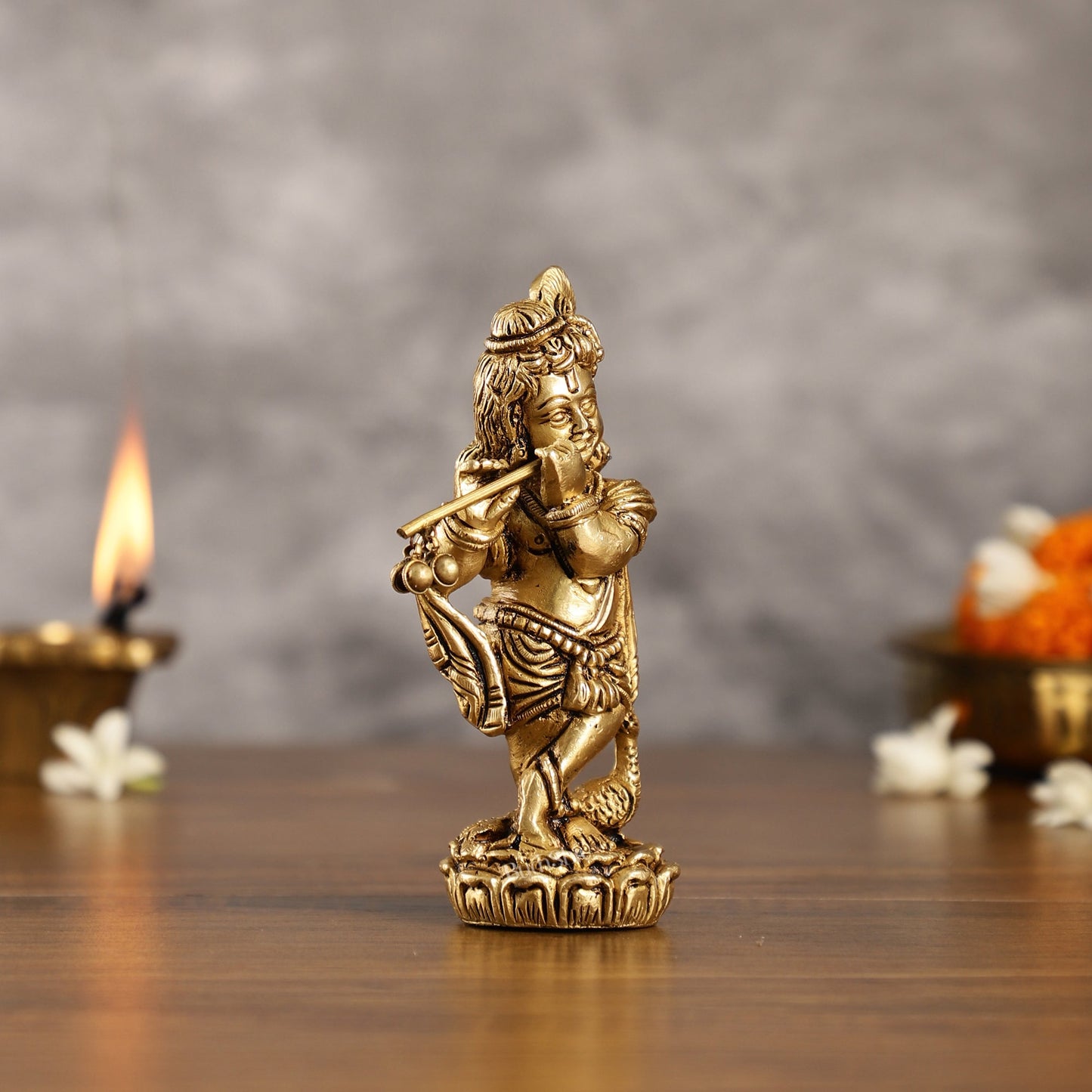 Superfine Brass Baby Krishna Playing the Flute Idol 5.5 inch - Budhshiv.com