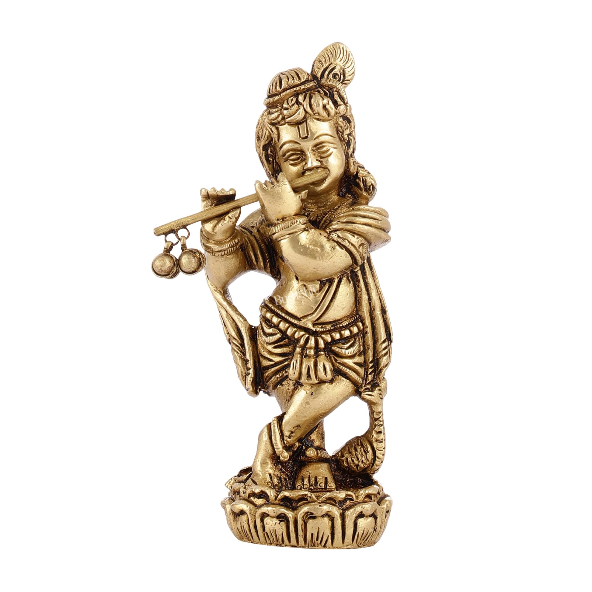 Superfine Brass Baby Krishna Playing the Flute Idol 5.5 inch - Budhshiv.com