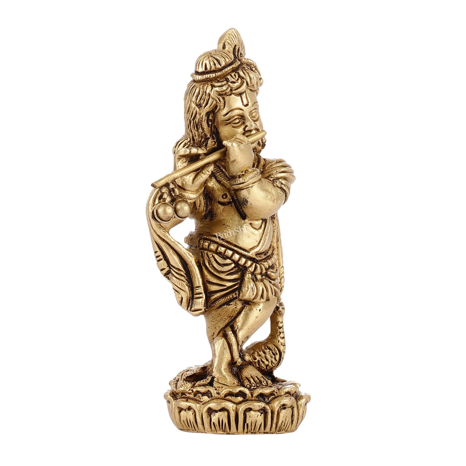 Superfine Brass Baby Krishna Playing the Flute Idol 5.5 inch - Budhshiv.com