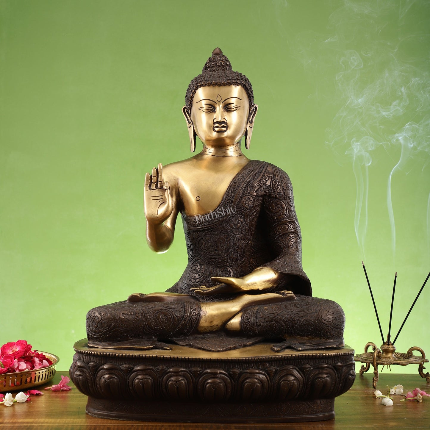 Superfine Brass Buddha Statue | Abhaya Mudra | 21 inches Height | Copper Finish - Budhshiv.com