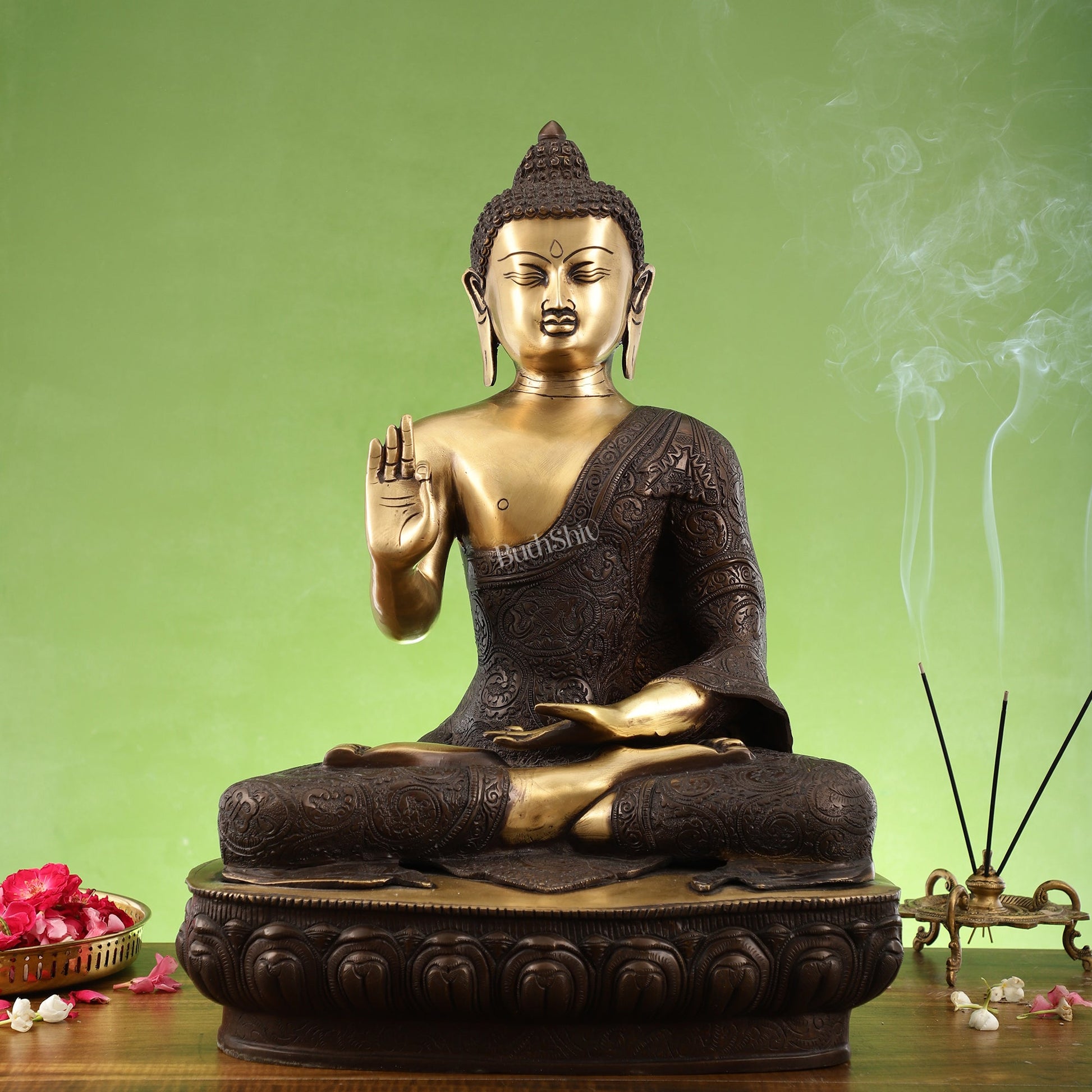 Superfine Brass Buddha Statue | Abhaya Mudra | 21 inches Height | Copper Finish - Budhshiv.com