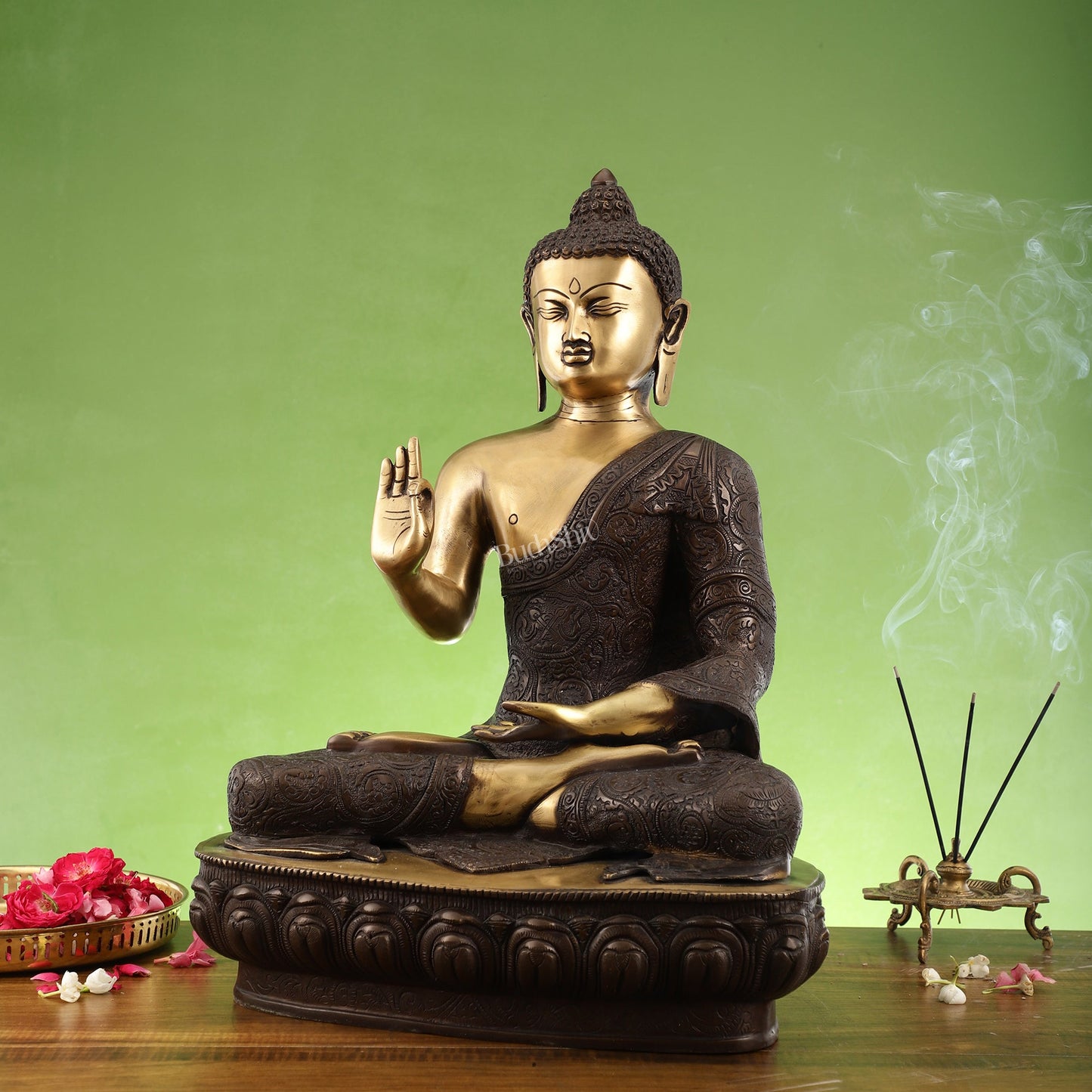 Superfine Brass Buddha Statue | Abhaya Mudra | 21 inches Height | Copper Finish - Budhshiv.com