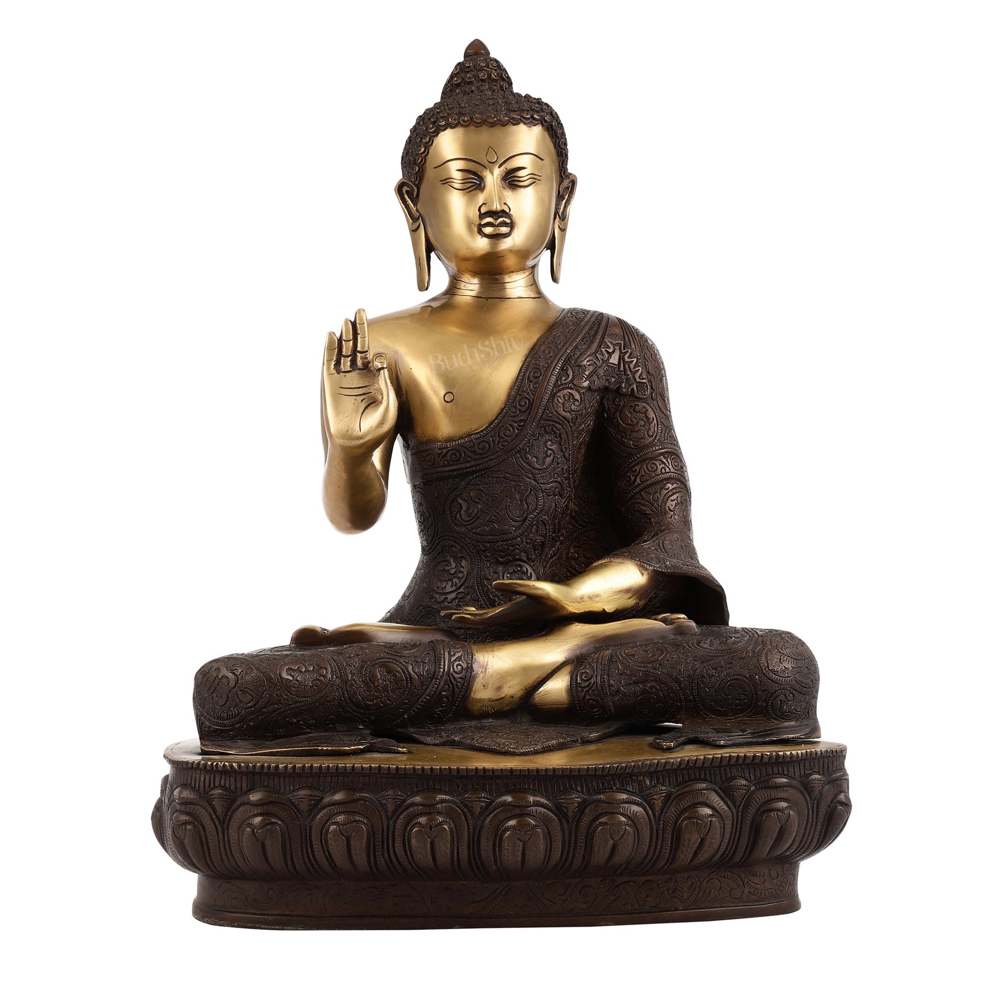 Superfine Brass Buddha Statue | Abhaya Mudra | 21 inches Height | Copper Finish - Budhshiv.com