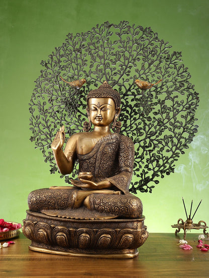 Superfine Brass Buddha with Bodhi Tree Kalpavriksha Statue 30 inch - Budhshiv.com