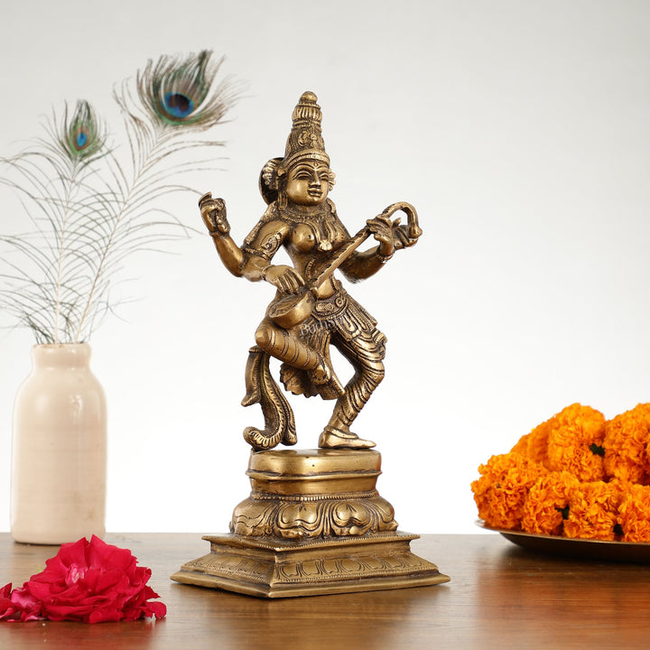 Superfine Brass Dancing Goddess Saraswati Idol - 12 Inch - Budhshiv.com